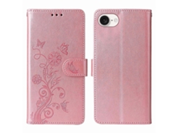 Capa De Couro Com Estampa Floral E Borboleta Para Iphone 16e - Rosa