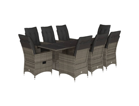 Conjunto 9 de jantar p/ jardim c/ almofadões VIDAXL vime PE cinza