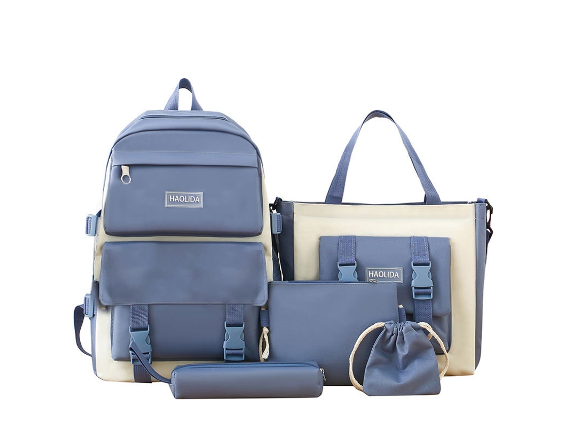 Mochila Escolar, 5 Peças, Cor Azul Para Estudantes