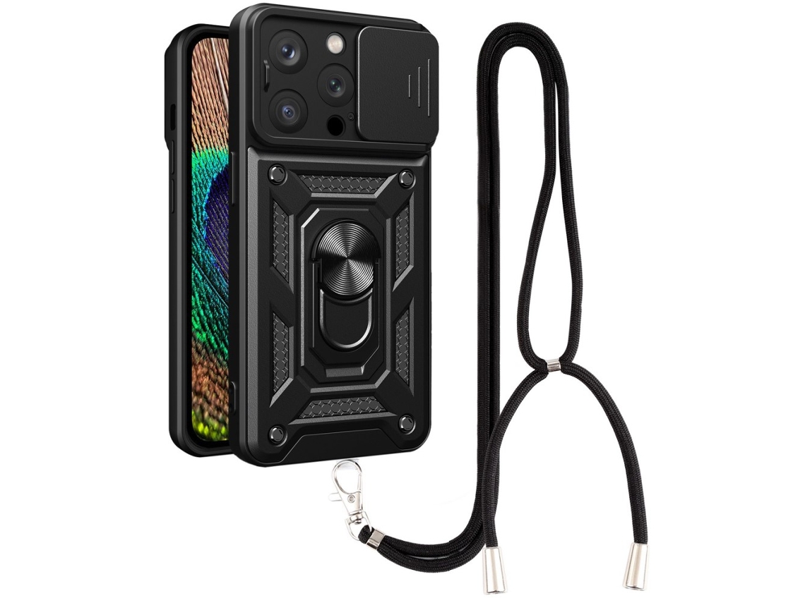 Correia Casa Quedas Slide Para Iphone 14 Pro Pele Sintética Preto