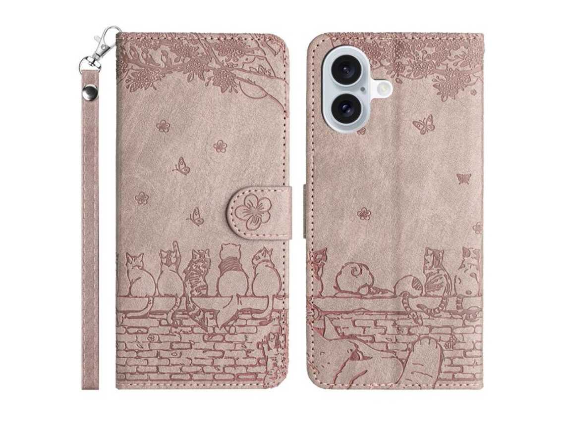 Capa Para Iphone 17 Em Couro Com Estampa De Gato E Alça.