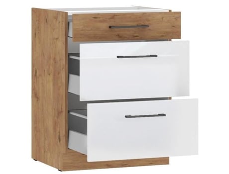 Caçarola Móvel Baixo Melamina Carvalho Lancelot e Branco Brilhante 60 cm 3 Gavetas Bancada Não Inclusa Roca