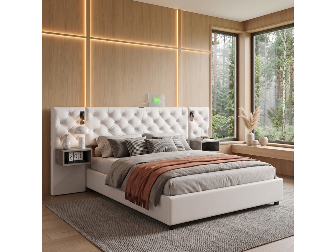 Cama Casal 160x200 Cm Com Sistema Elevável A Gás De Arrumação, Iluminação Na Cabeceira E 2 Mesas De Cabeceira, Cama Estofada Em Veludo, Bege