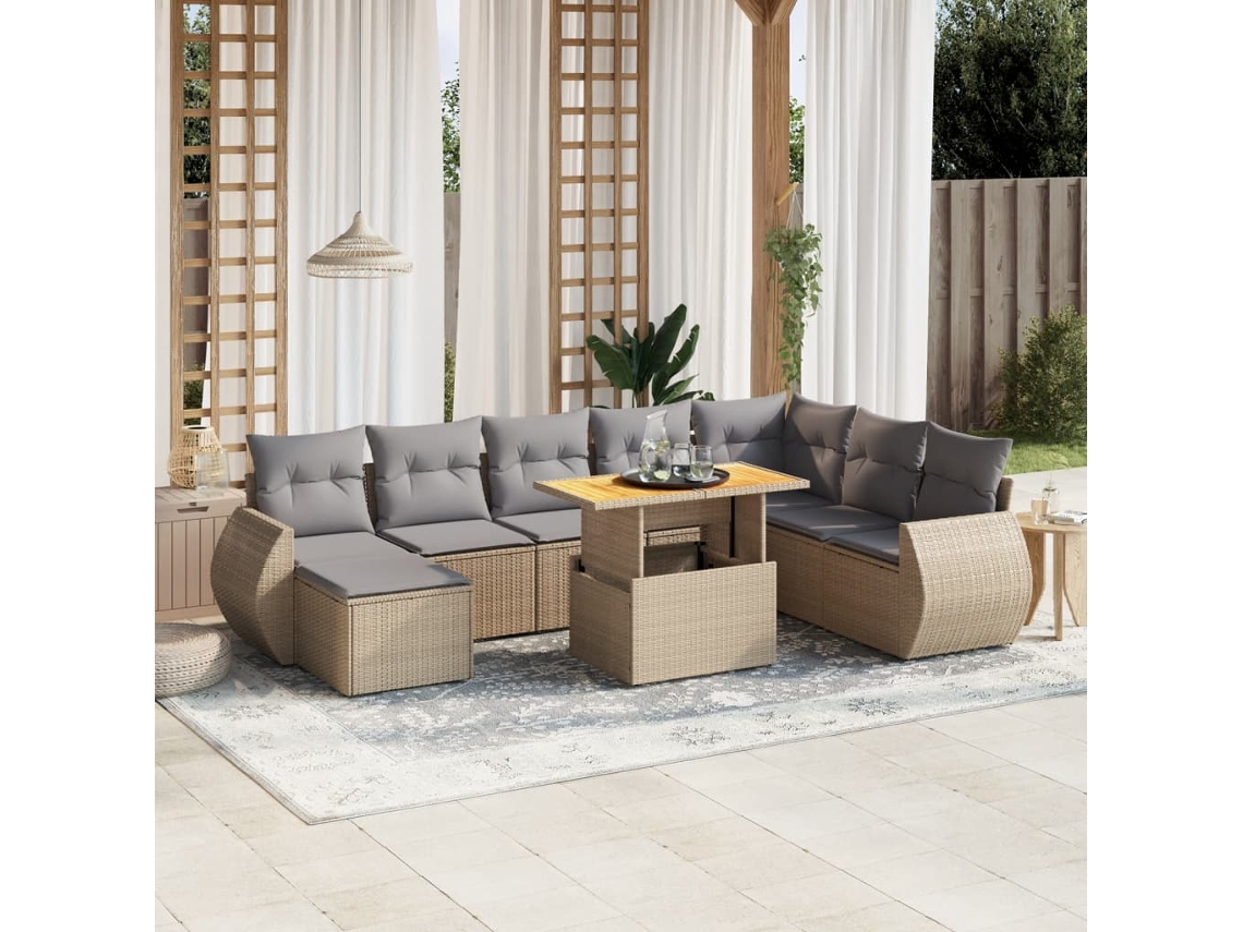 Vidaxl 9 Pcs Conjunto De Sofás P/ Jardim Com Almofadões Vime Pe Bege
