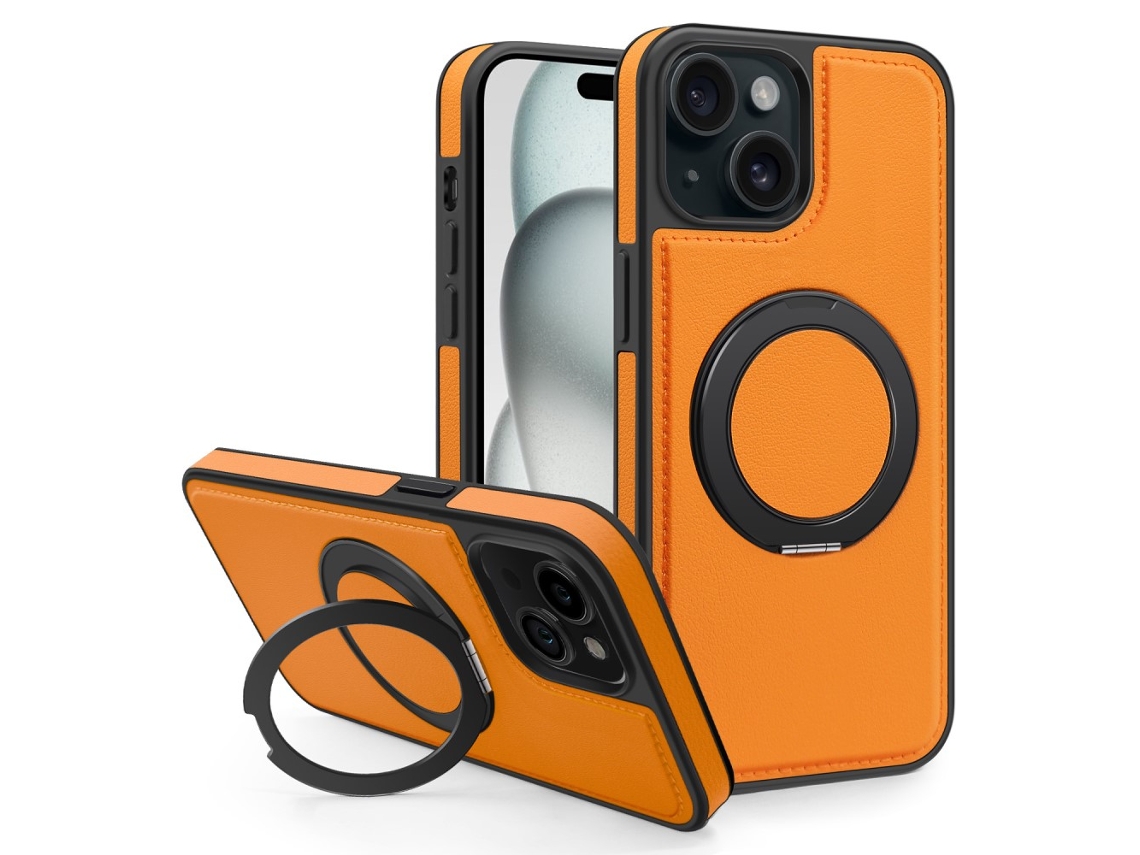 Suporte Casa Quedas Para Iphone 15 Plus Pele Sintética Magnética Laranja