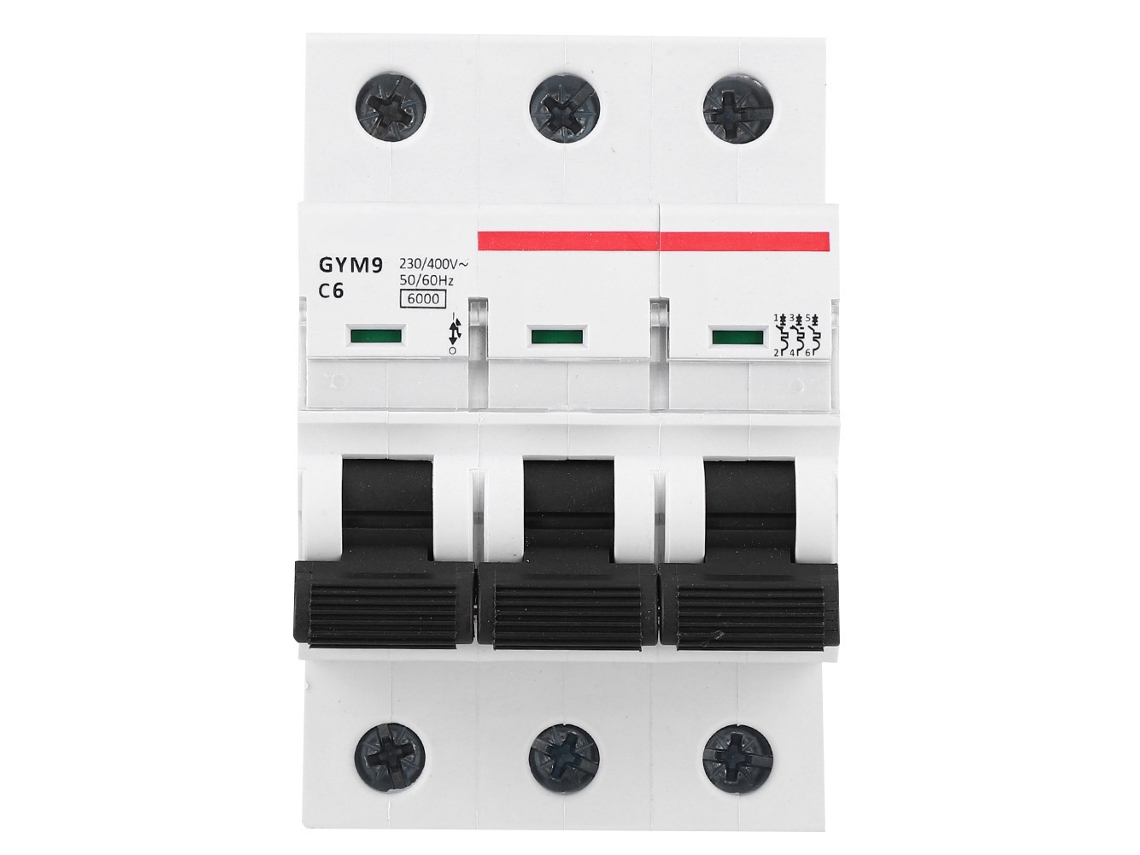 Disjuntor miniatura de 3 polos, 400 VCA, 6 A, de alta qualidade.