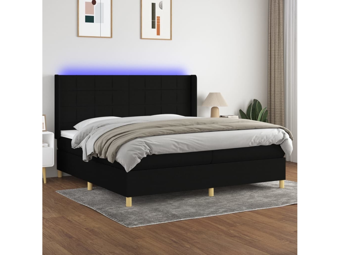 Vidaxl Cama Box Spring C/ Colchão E Led 200x200 Cm Tecido Preto