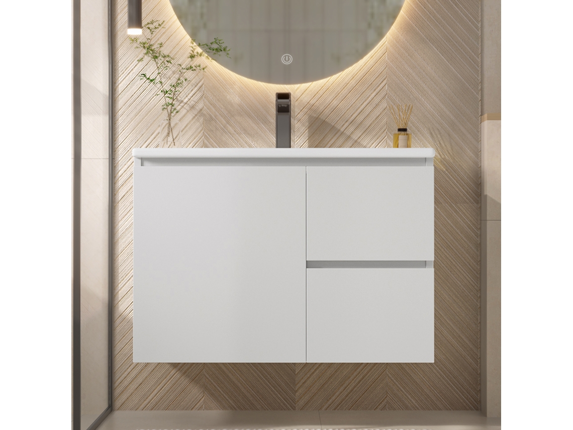 Móvel De Casa De Banho Suspenso Com Lavatório Em Cerâmica Com Led Com 1 Porta E 2 Gavetas Branco Estilo (torneira Não Incluída)