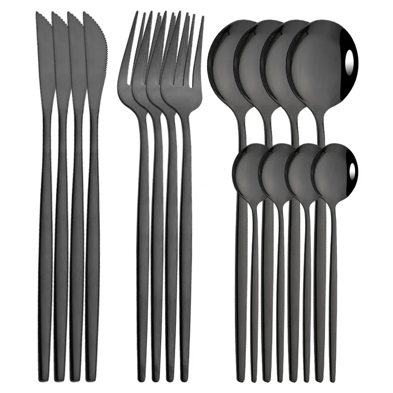 Talheres de Aço Inoxidável, Incluindo Faca, Garfo, Colher de Café, Uso Doméstico MDUG (preto, Conjunto de 16 Peças)