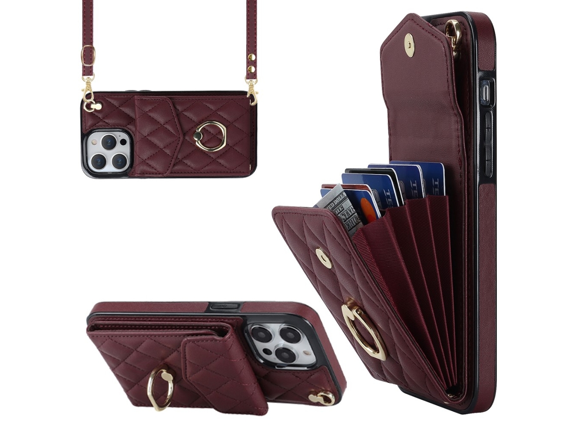 Suporte Casa Bloqueio Rfid Para Iphone 15 Pro Pele Sintética Com Porta-cartões Vermelho