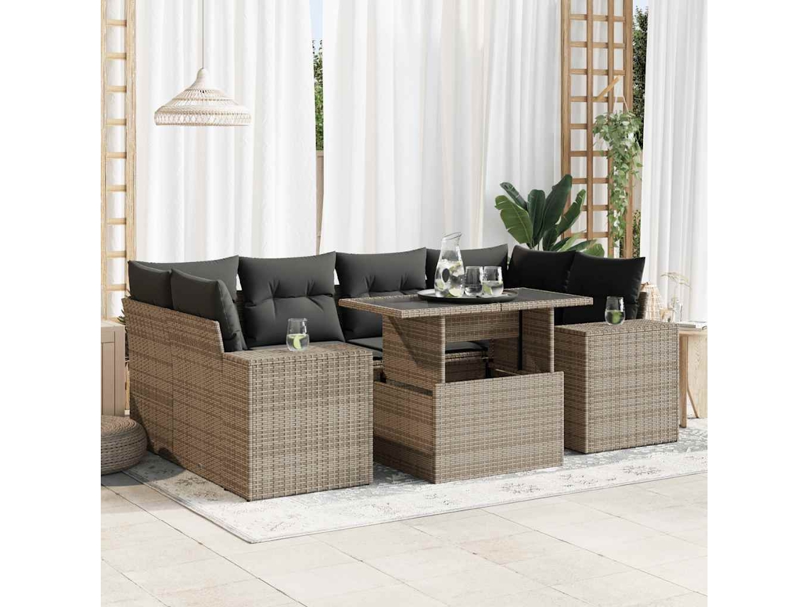 Vidaxl 7 Pcs Conjunto Sofás P/ Jardim C/ Almofadões Vime Pe Cinzento