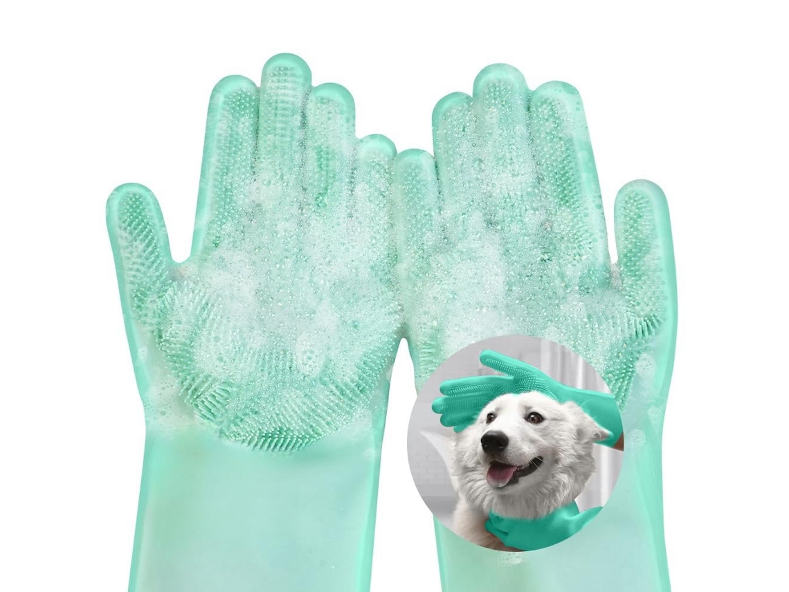 Luva Silicone Verde para Banho e Massagem de Animais, Também para Cozinha e Automóvel.