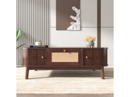 Mesa Centro Rattan Gavetas Portas Ripas Madeira Rústico