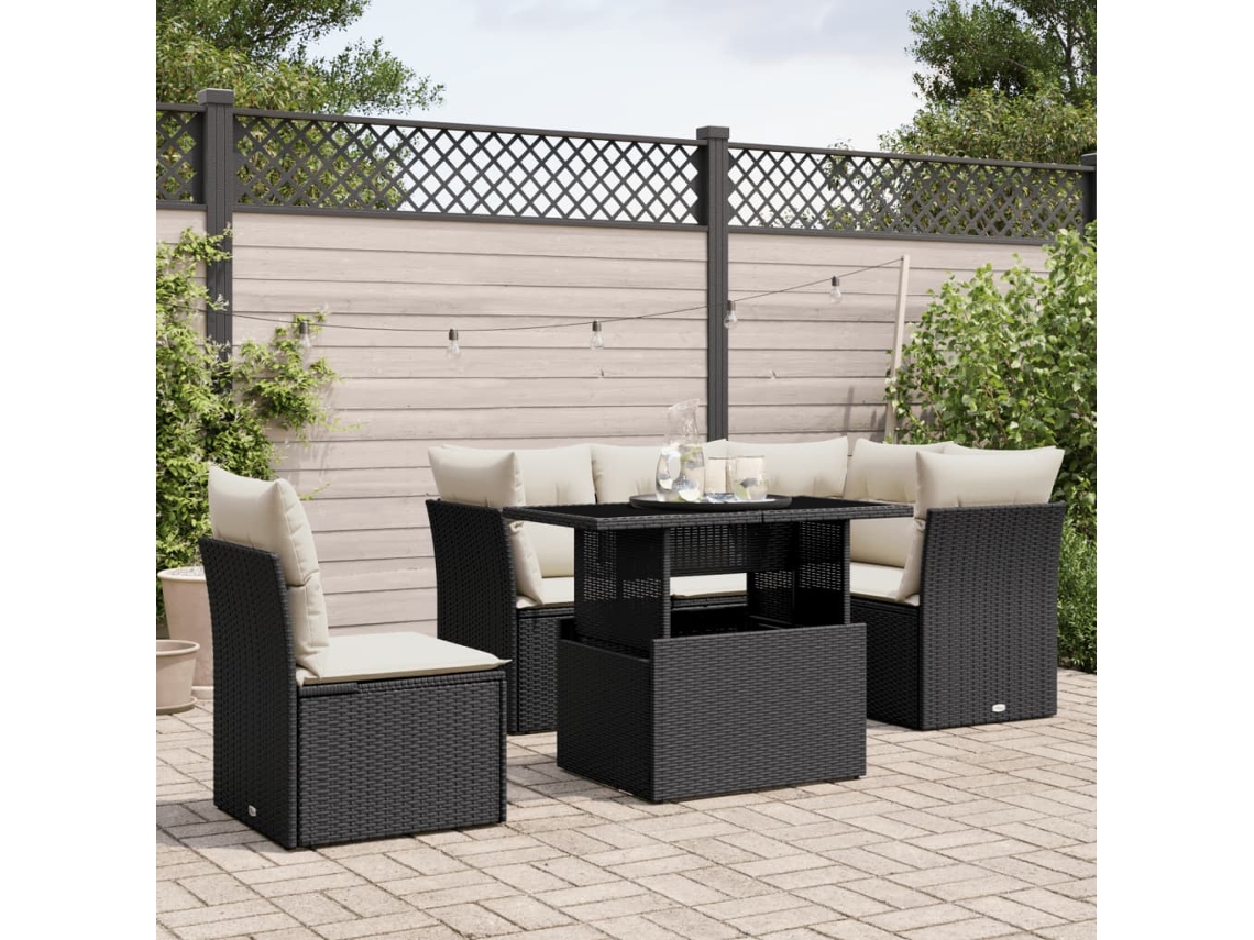 Vidaxl 6 Pcs Conjunto Sofás De Jardim C/ Almofadões Vime Pe Preto