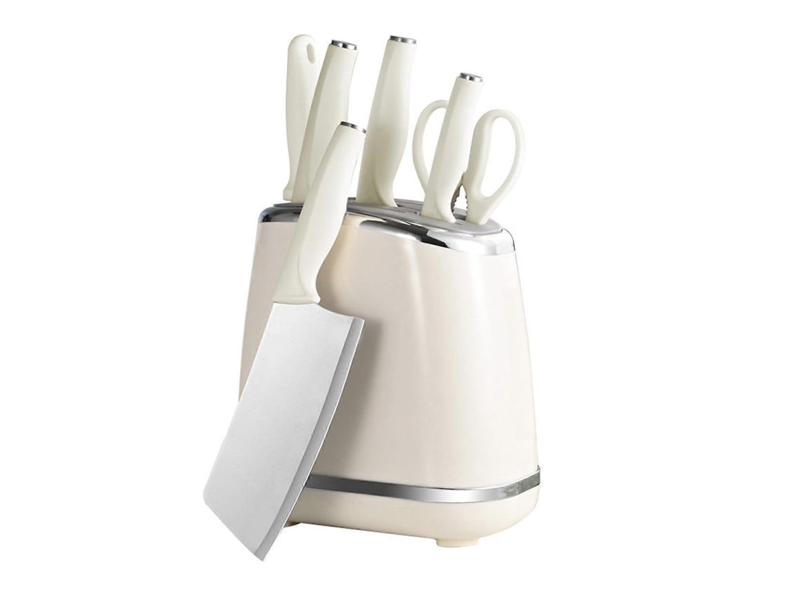 Conjunto De Facas De Cozinha Com Cepo E Afiador, 7 Peças Em Aço Inoxidável Ultra Afiado, Cabo Ergonômico Branco.
