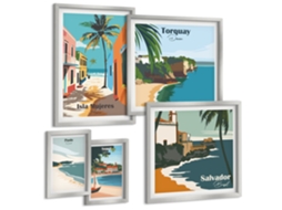 Quadros Decorativos Para Parede Cidade Litorânea, Limões E Flores Moldura Prateada Imagens Para Um Quarto Infantil Espelharte (conjunto De 5 Imagens)