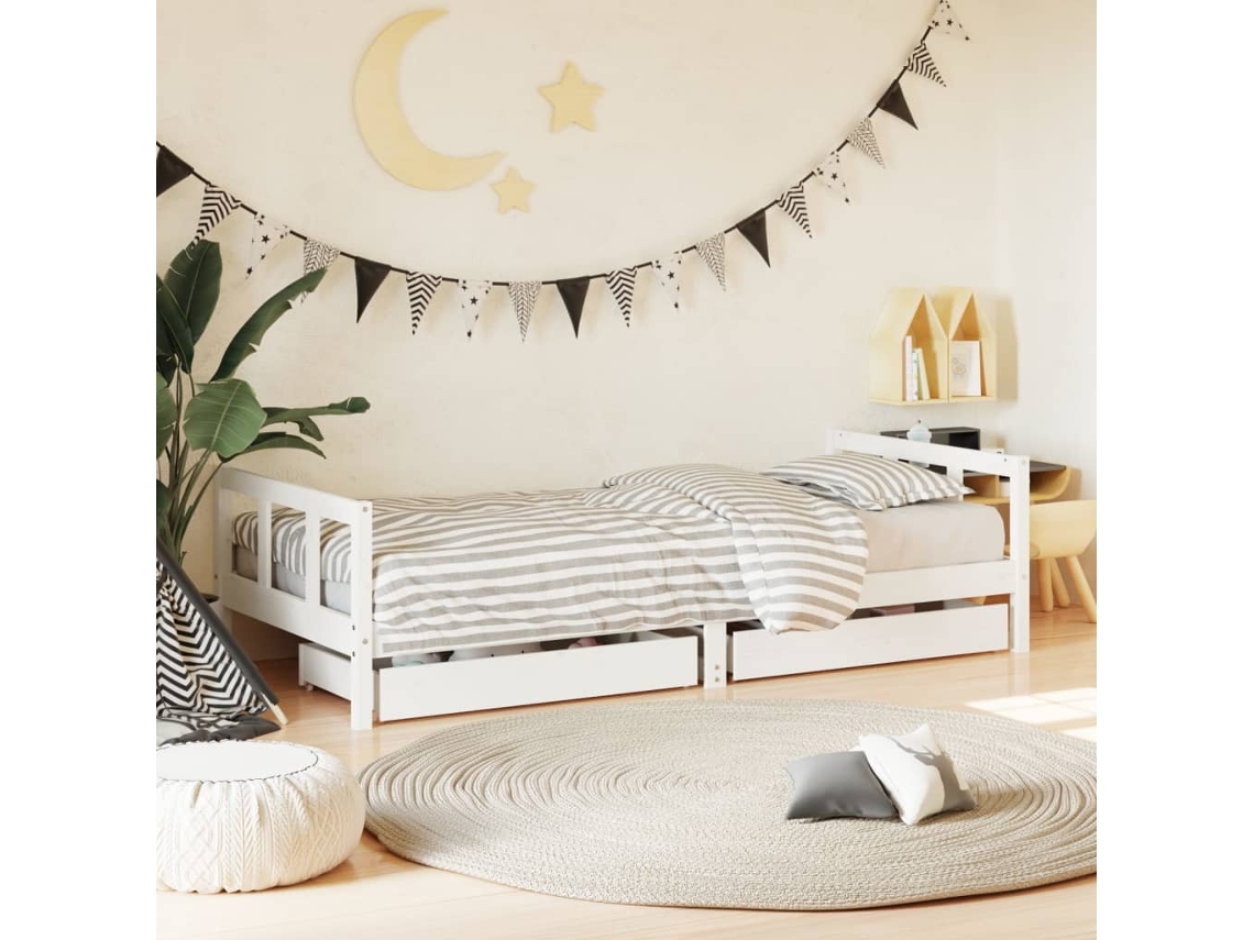 Vidaxl Estrutura Cama Infantil C/ Gavetas 90x200cm Pinho Maciço Branco