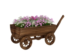 Carrinho de madeira com 4 rodas e alça para jardim externo com furo de drenagem 115x40x54,5cm carbonizado BTFORUS