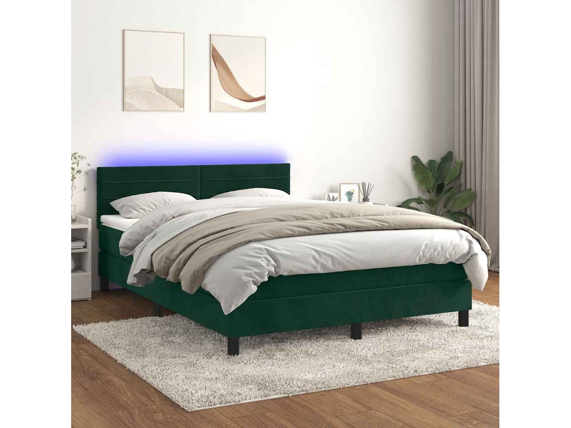 Vidaxl Cama Box Spring C/ Colchão/led 140x200 Cm Veludo Verde-escuro