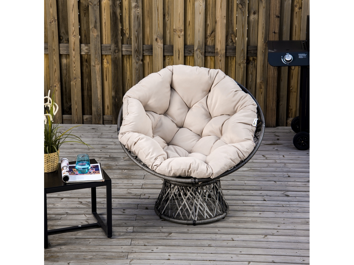 Poltrona Papasan Giratória , Ø 97 Cm Com Almofada Larga 90h, Creme Em Resina De Poliéster Para Jardim
