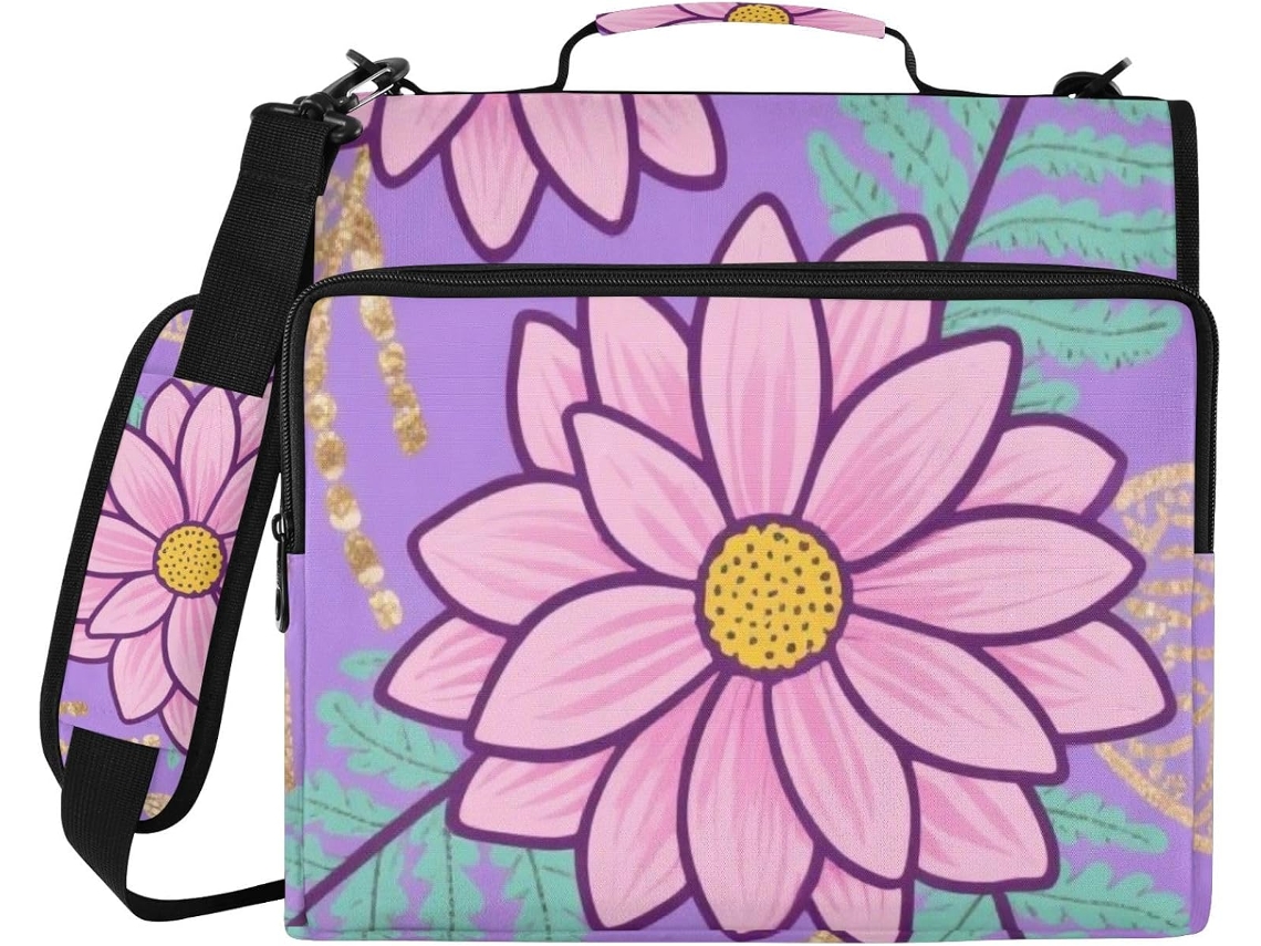Pasta resistente com 3 furos e zíper, estampa floral colorida Boêmio de 1,5 polegadas, comporta diversas sacolas, ideal para macarrão.
