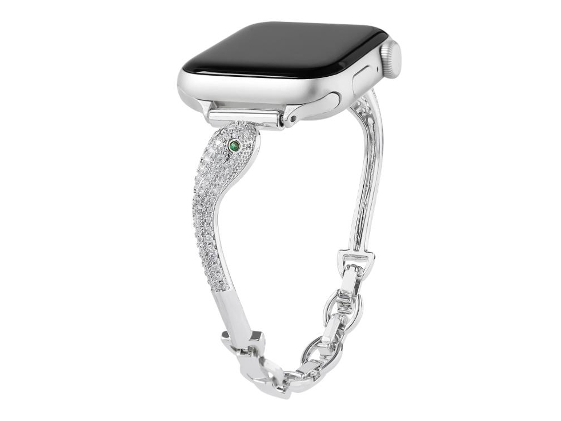 Bracelete Para Apple Watch 46/49/45/44mm - Cobre Com Cabeça De Cobra E Zircônia Incrustada Prateada