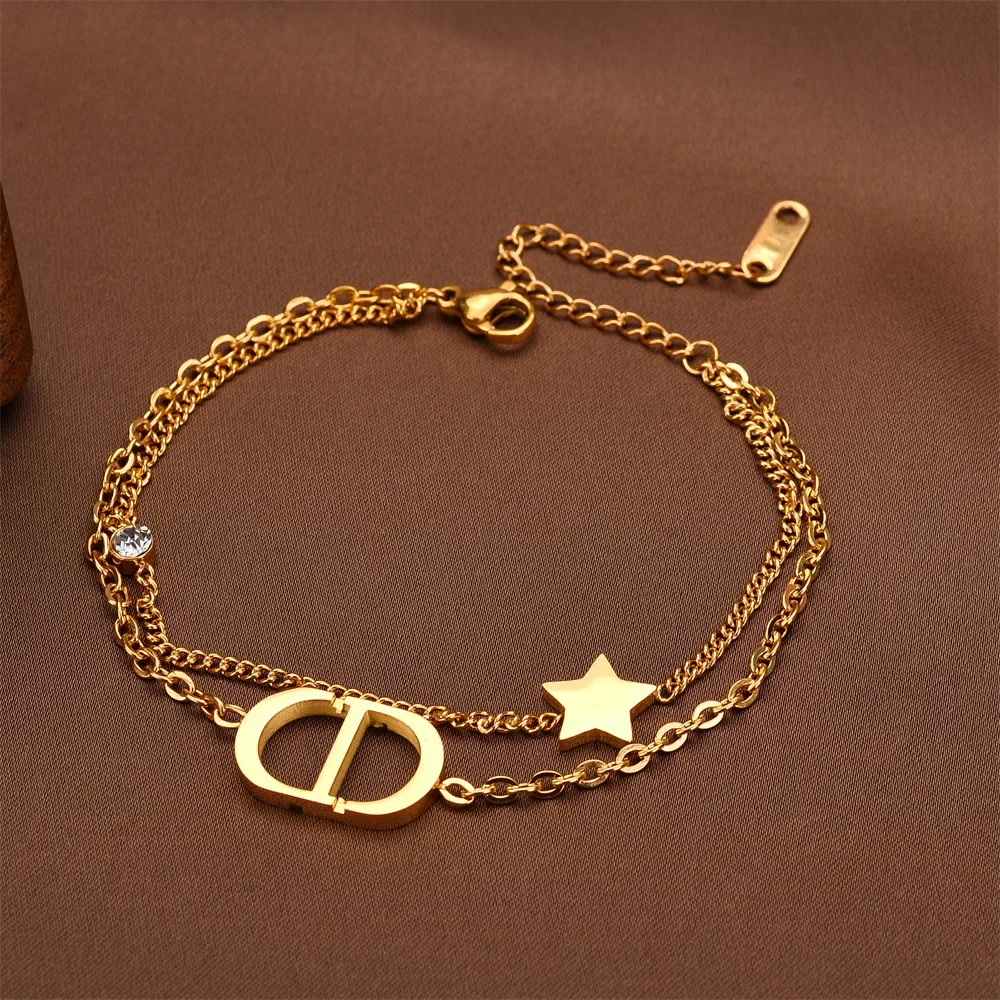 (dourado) Pulseira Elegante De Aço Titânio Com Dupla Camada E Design De Letras E Estrelas.