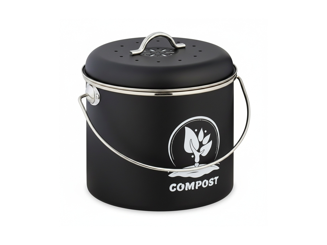 Relaxdays Balde De Compostagem Para Cozinha, 3,5 L, 2 Filtros De Carvão Ativado, Tampa E Alça Em Ferro, Preto