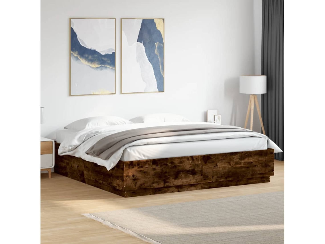 Vidaxl Estrutura Cama C/ Luzes Led Derivados Madeira Carvalho Fumado