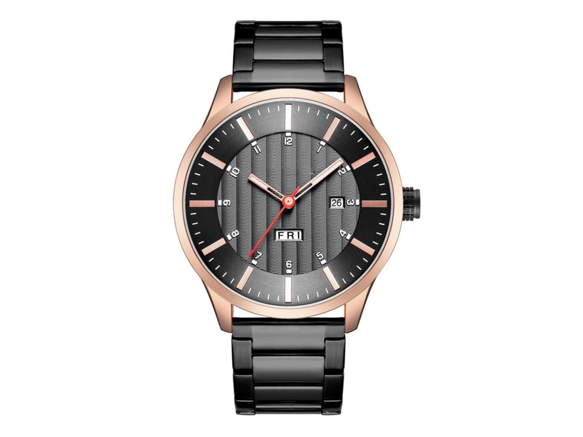 Relógio de pulso masculino redondo em aço inoxidável, resistente à água, quartzo, ouro rosa, preto.