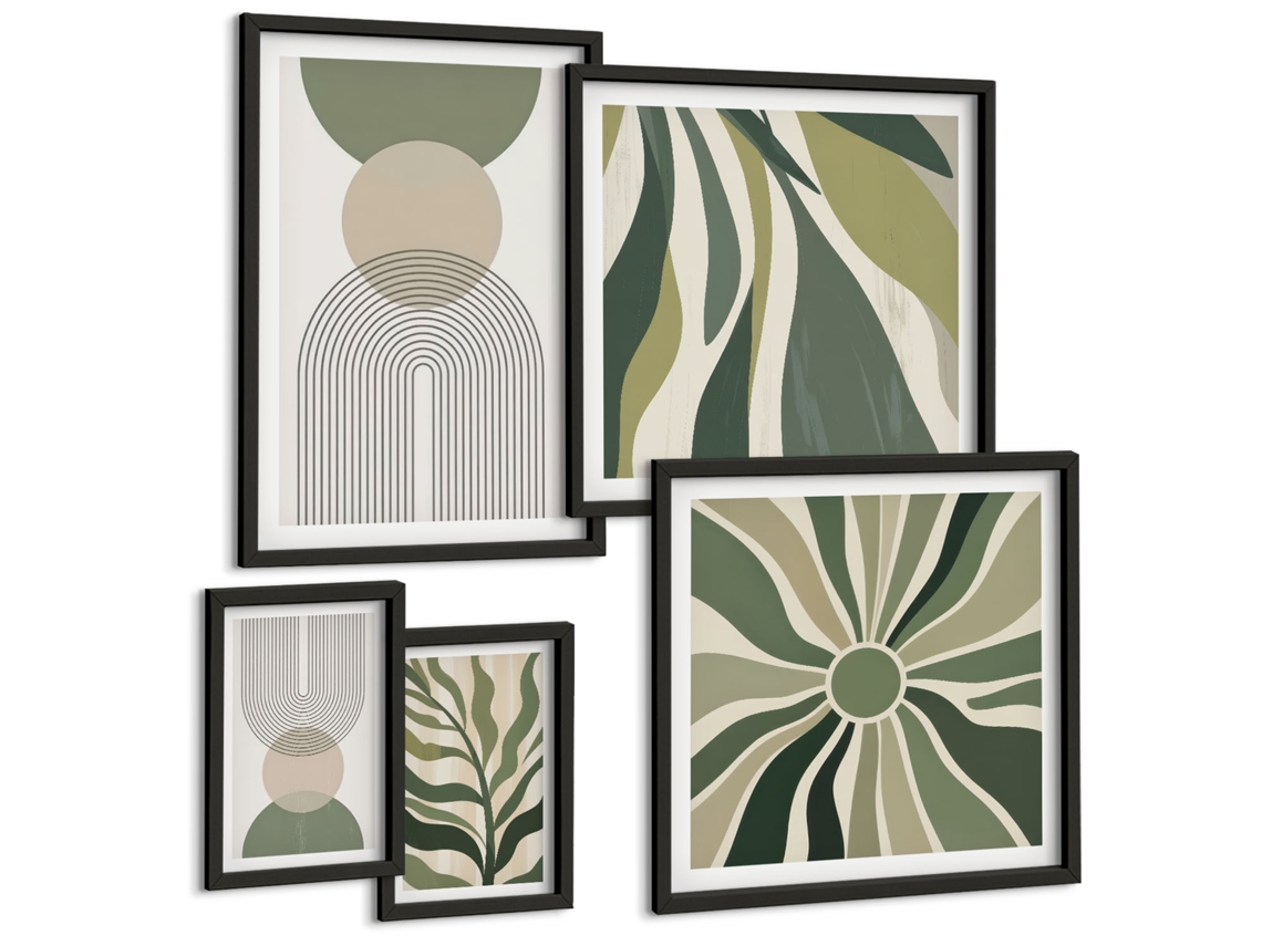 Conjunto De Pinturas Planta Boho Pintada Folhas Moldura Preta Quadros Para O Escritório Espelharte (conjunto De 5 Imagens)