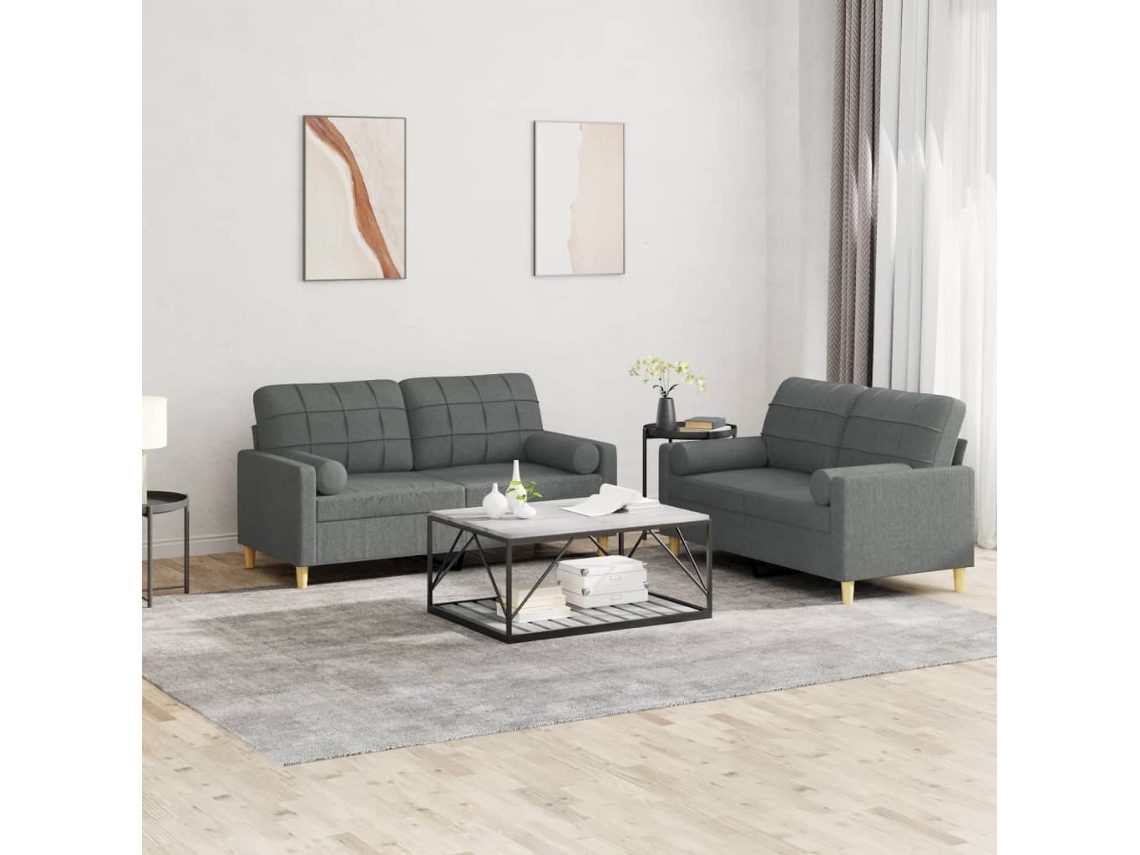 Vidaxl 2 Pcs Conjunto De Sofás Com Almofadas Tecido Cinzento-escuro