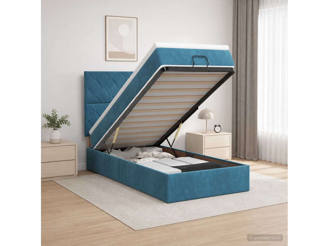 Vidaxl Cama Ottoman Com Colchão E Led Azul Escuro 100 X 200 Cm Veludo