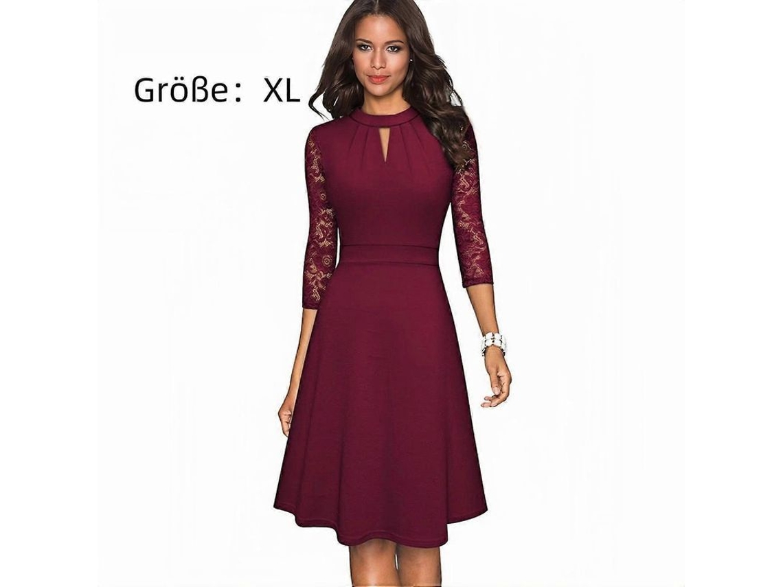 Vestido De Cuello Alto Hueco Talla L Color Burdeos Con Silueta A-line Manga 3/4 Y Bolsillos Laterales Abiertos Xl Claret