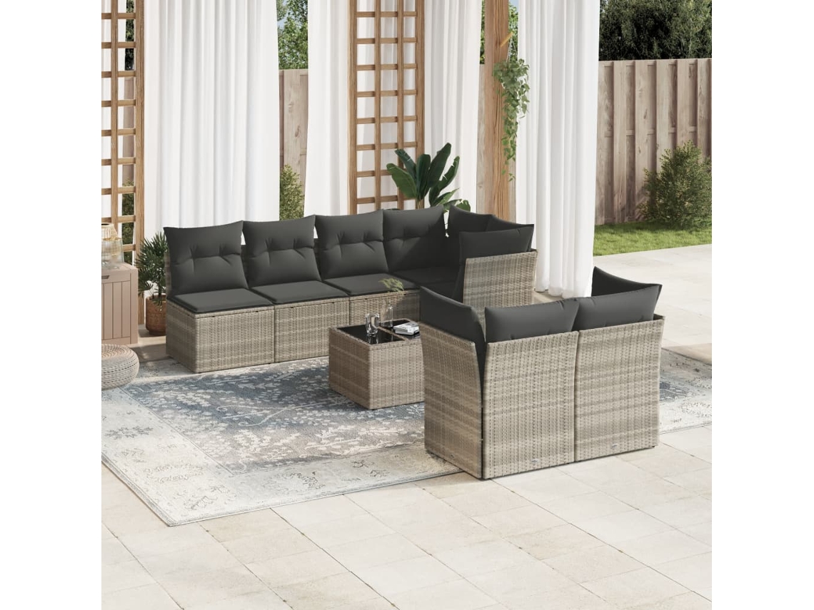 Vidaxl 8 Pcs Conj. Sofás Jardim C/ Almofadões Vime Pe Cinzento-claro