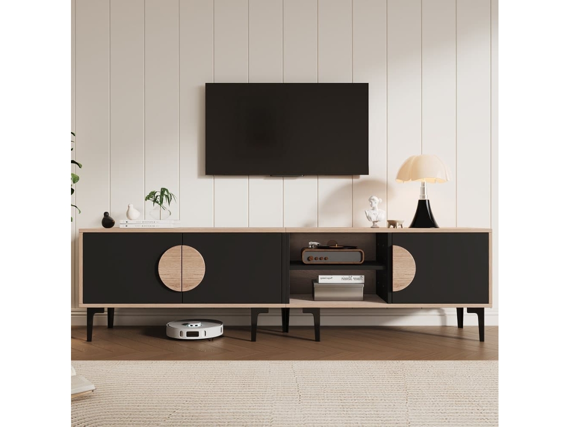 Móvel De Tv 180x35x49 Cm - 2 Armários E Prateleiras Abertas - Madeira + Preto