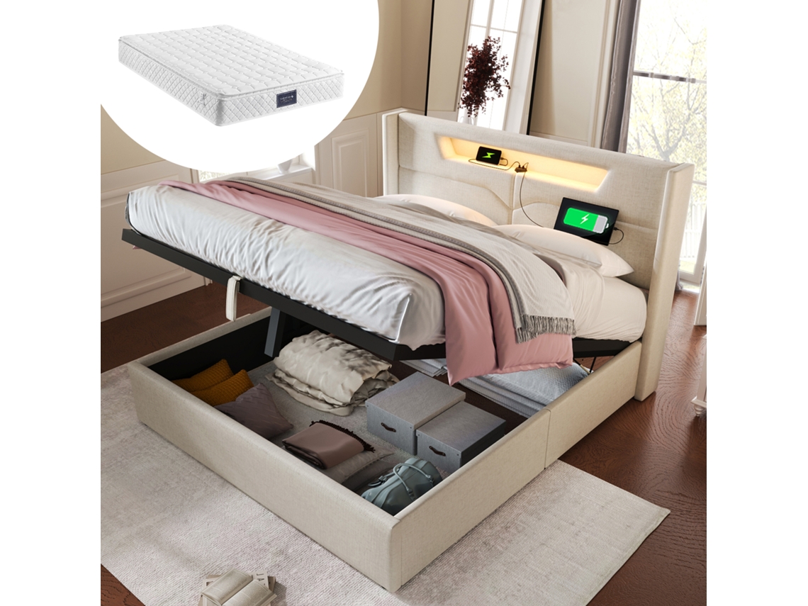 Cama De Casal 140x200 Madeira Led Usb Com Armário E Colchão