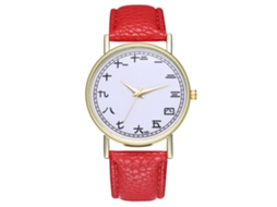 Relógio de pulso feminino elegante com pulseira de couro PU, mostrador redondo e mecanismo de quartzo vermelho.