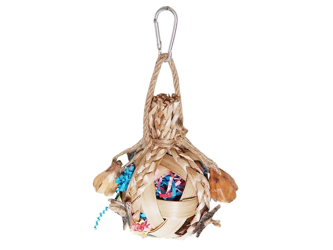 Brinquedo De Forragem Suspenso Para Aves Com Cesto De Bambu E Erva