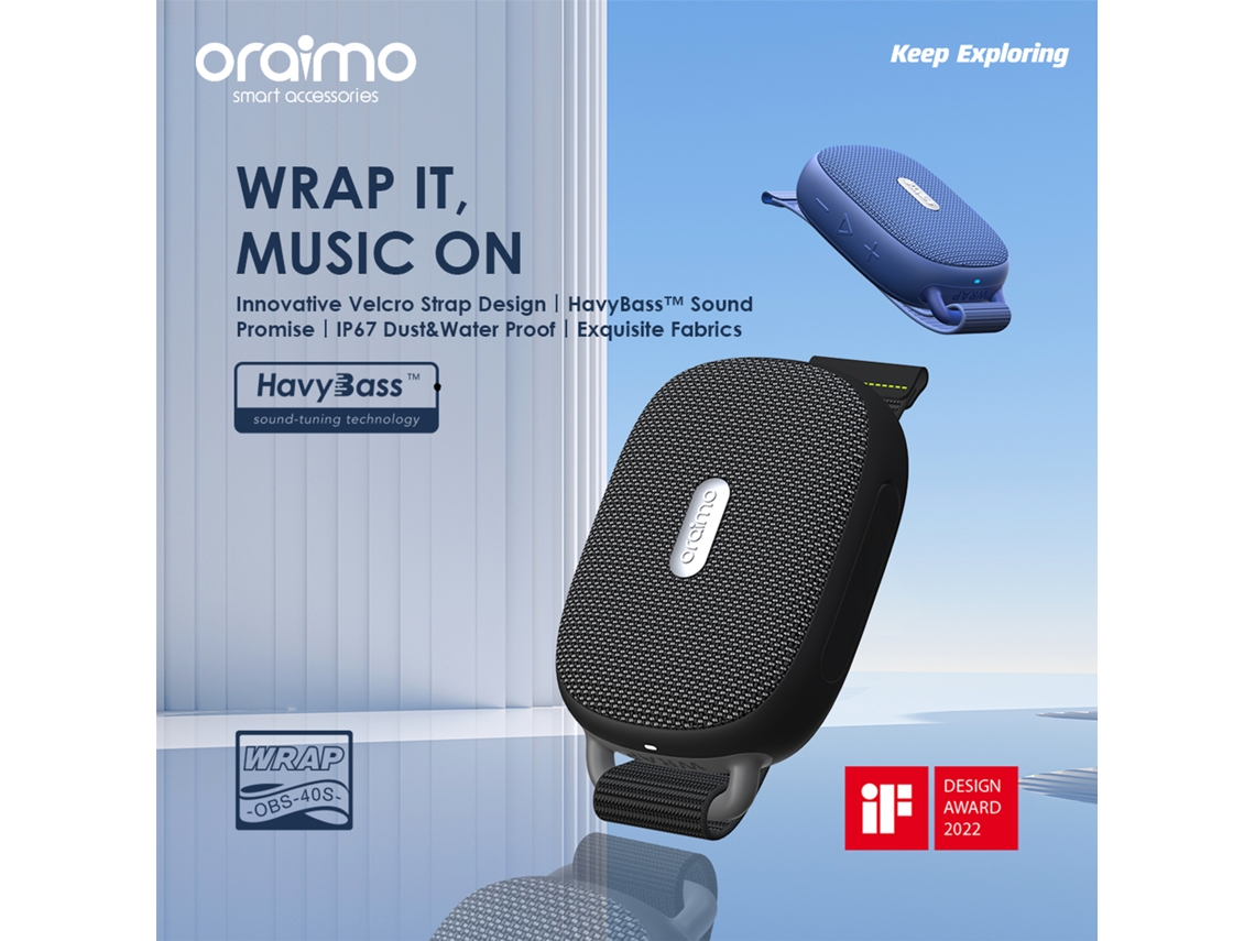 Caixa De Som Sem Fio Oraimo Wrap Obs-40s Ip67 Velcro Strap Fm 10h De Reprodução Portátil