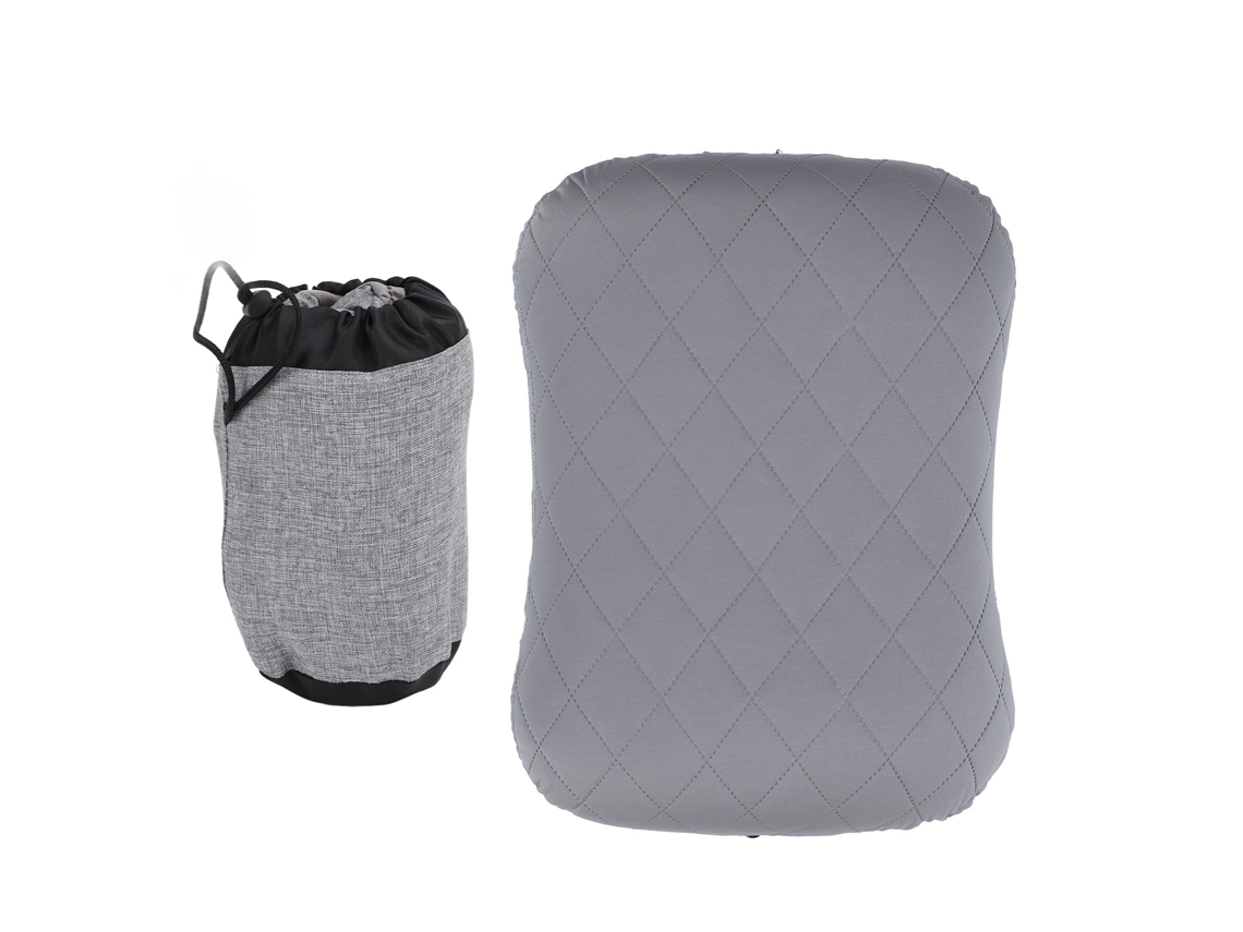 Almofada de viagem inflável, dobrável e portátil com suporte lombar para aviões, trens e escritórios, na cor cinza.
