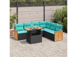 Vidaxl 7 Pcs Conjunto Sofás Jardim C/ Almofadões Vime Pe/acácia Preto