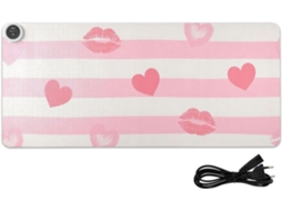 Mousepad Aquecido em Couro Rosa com Listras Brancas e um Coração, 80 X 33 Cm, para Computador, Mesa Ou Escrita