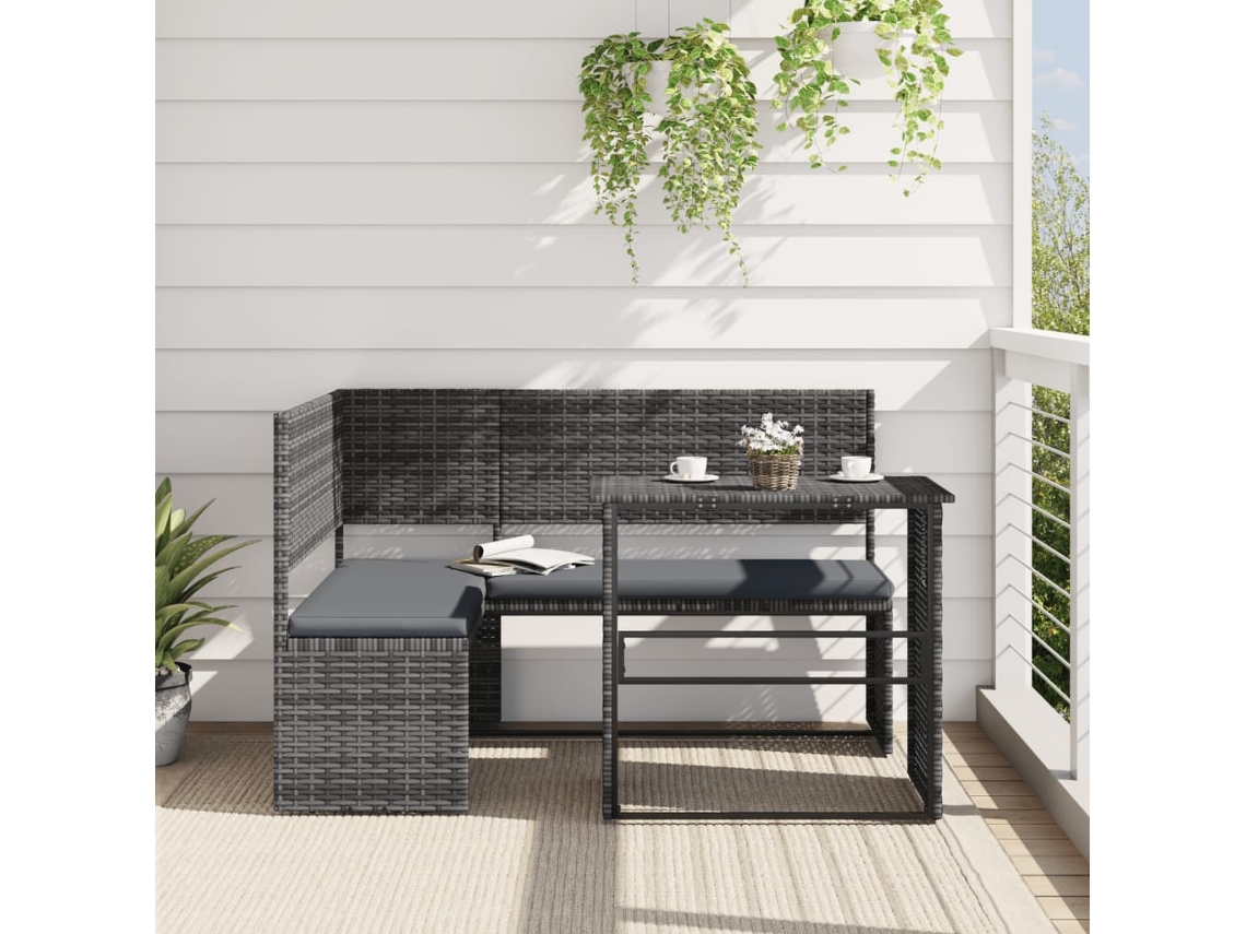 Vidaxl Sofá De Jardim Forma De L C/ Mesa E Almofadões Vime Pe Cinzento