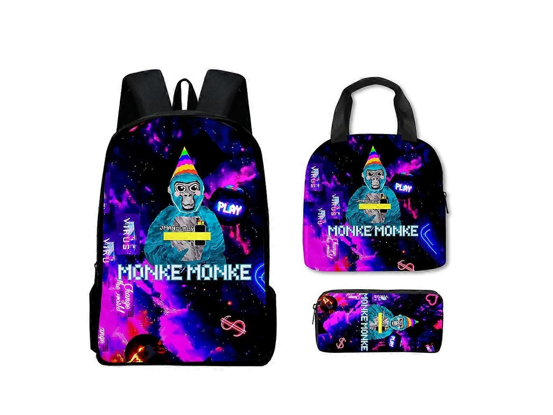 Conjunto De 3 Peças Mochila Gorilla Tag Infantil, Escolar, Lancheira, Estojo Para Lápis Presente Aquaforge