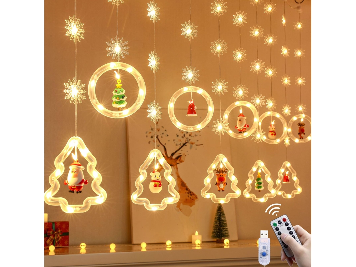 Cortina Luminosa De Natal Com Estrelas E Figurino,guirlanda Led Para Janela,varanda,terraço Btforus