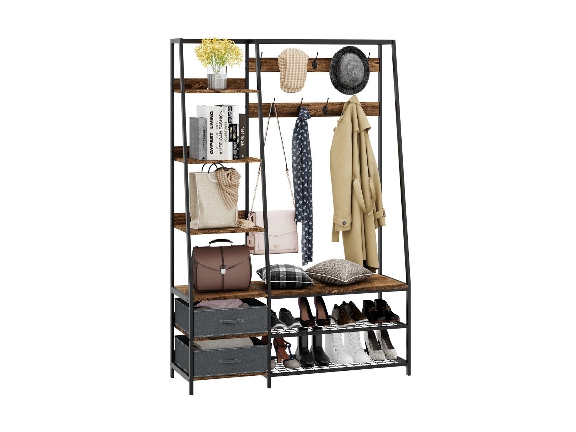 Cabide Industrial com Sapateira para Entrada 122x40x180 cm Castanho Rústico NORTHIO | NORTHIO
