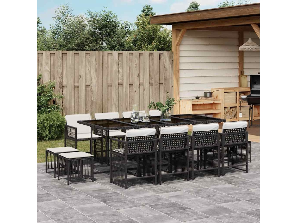 Vidaxl 13 Pcs Conjunto De Jantar P/jardim Com Almofadões Vime Pe Preto