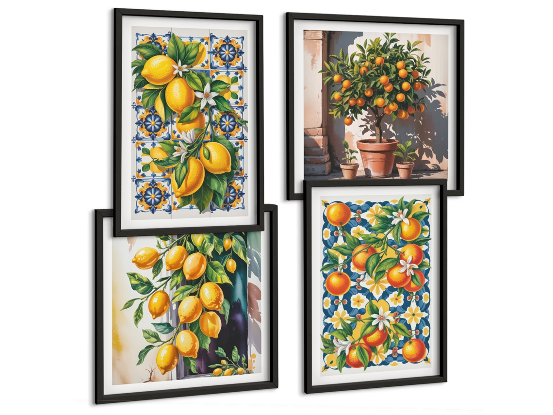 Composição De Quadros Amalfi Italiano Cítricos Flores Espelharte (4 Peças)
