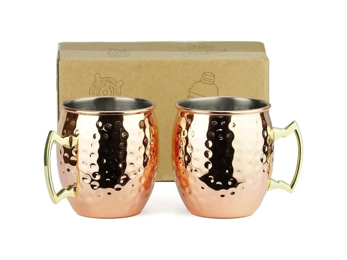 2026 conjunto de 2 Copo Moscow Mule de Acero Inoxidable Revestido com Cobre 560ml Rosa Ouro com Cabo de Latão